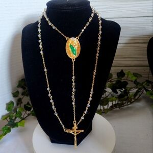 Gold with Clear Crystal Rosary Necklace St Jude Pendant